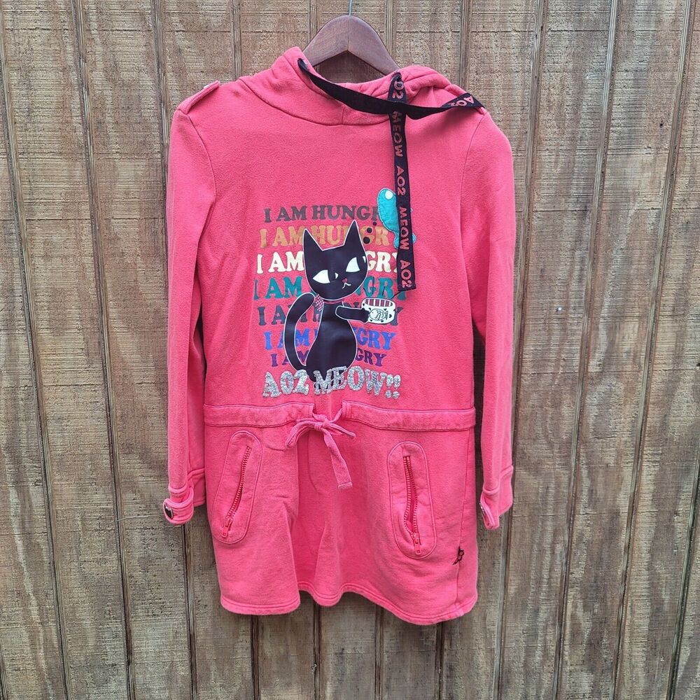 Azona A02 Meow Toby Black Cat Red Long Hooded Pullover Shirt Womens Size M